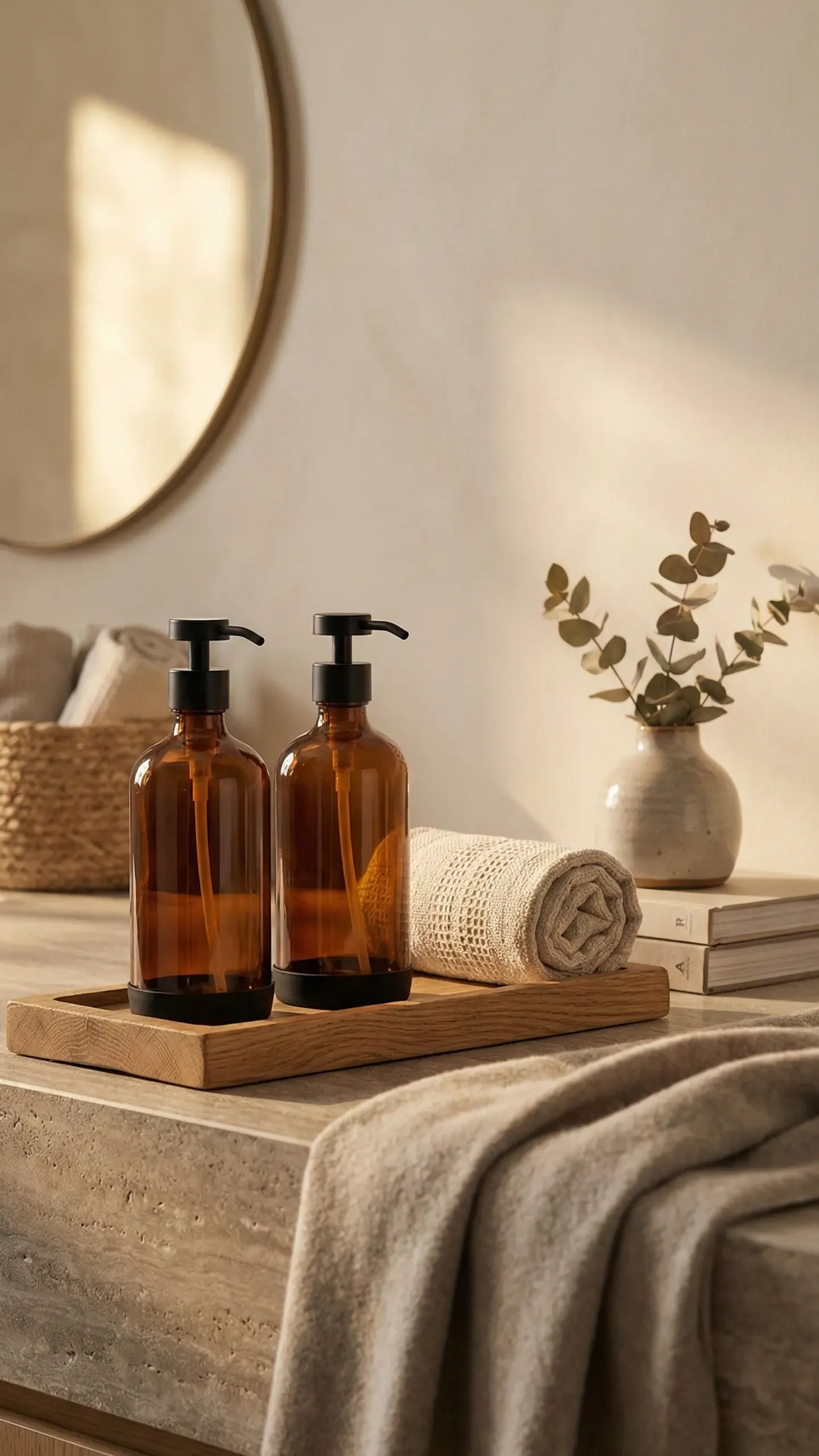 Two amber glass soap dispensers on a wooden tray beside a rolled waffle towel and a small vase of eucalyptus under a round mirror