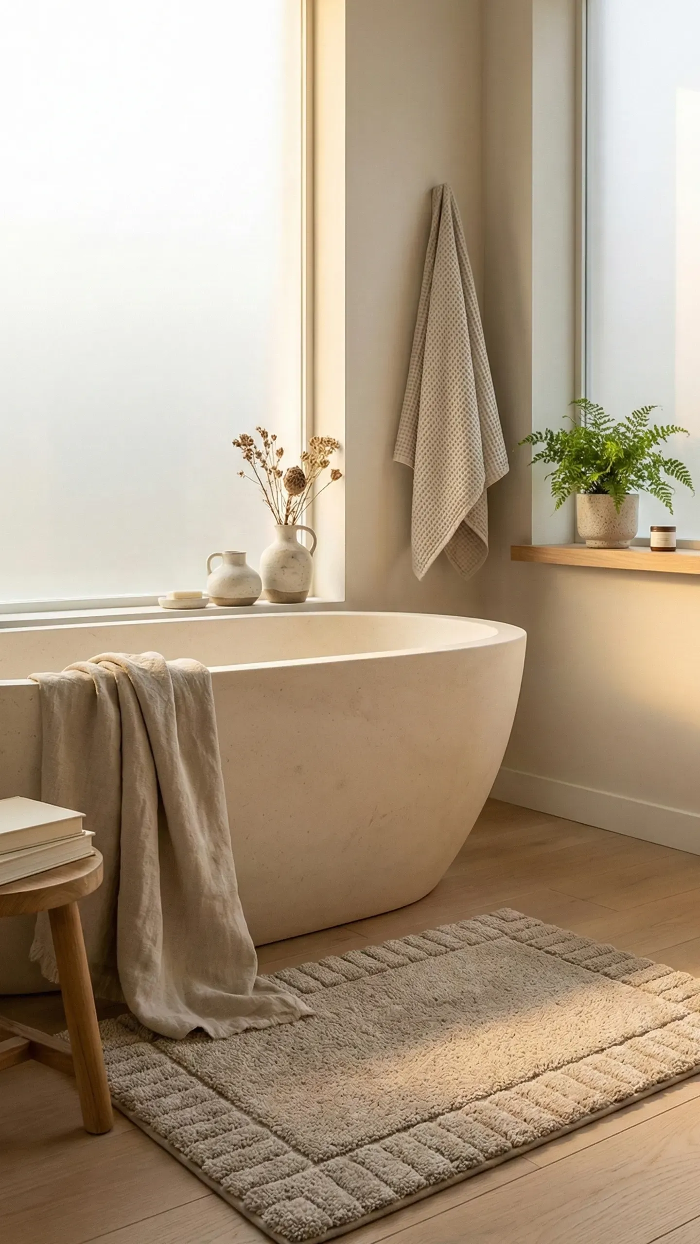 A healthy fern in a ceramic pot on a sunlit bathroom windowsill beside a freestanding tub and a hanging linen towel