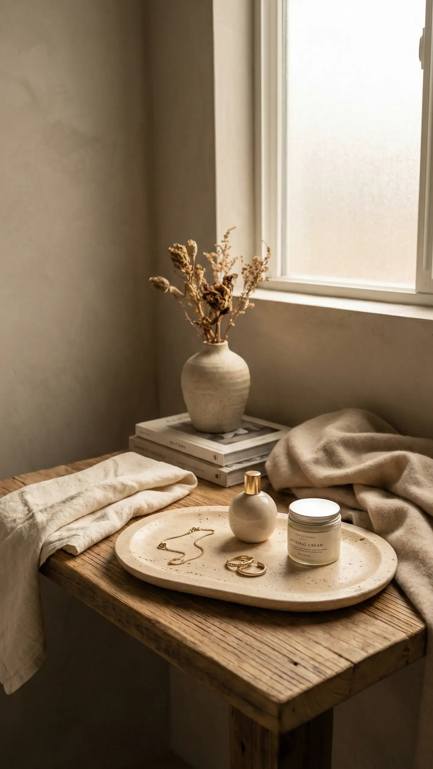 A travertine tray on a rustic wood table holding a bud vase of dried stems, a ceramic bottle, an amber candle and a little gold jewellery