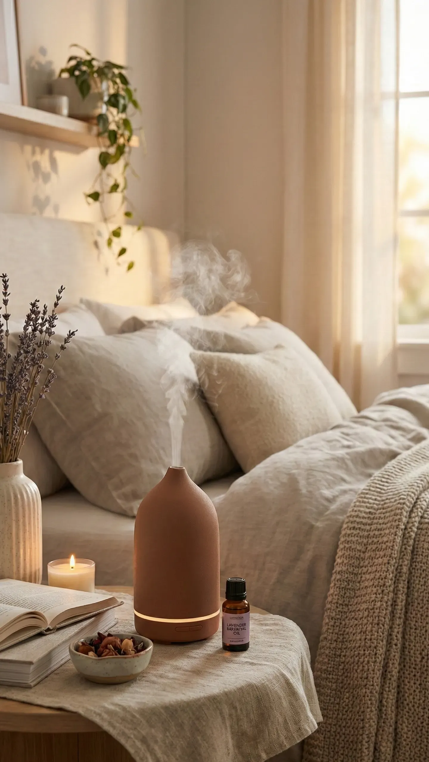 A terracotta diffuser releasing a soft plume of steam beside a lit candle and a vase of lavender on a bedside table, with linen pillows behind