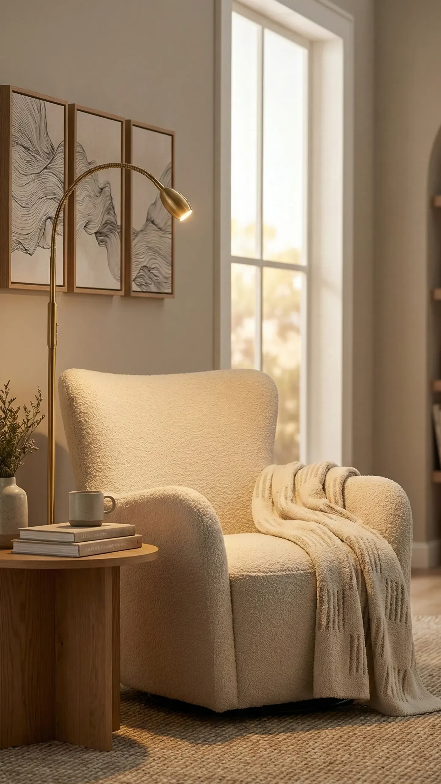 Cream bouclé armchair angled toward a bright window with a waffle throw and a brass floor lamp glowing beside it