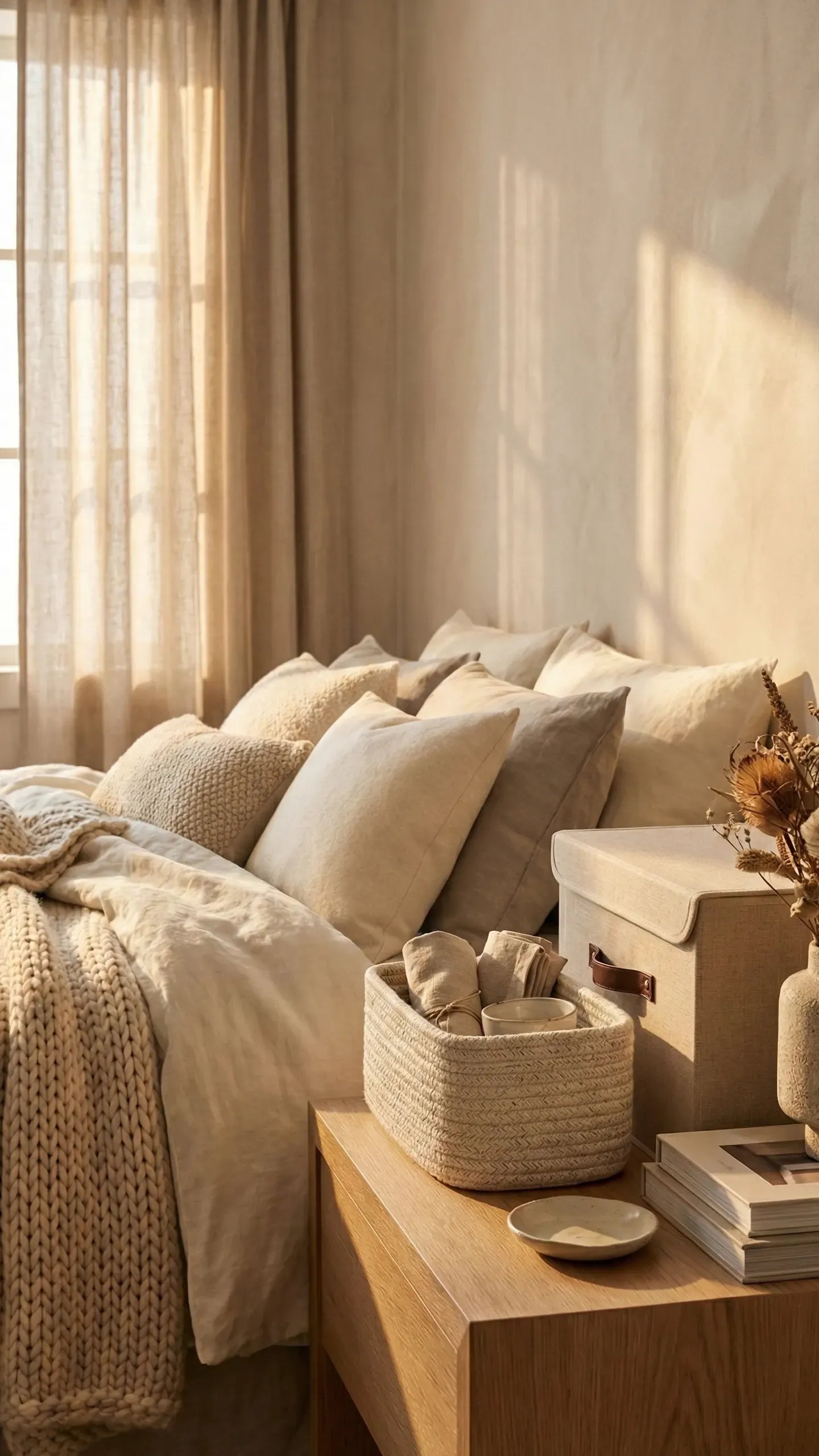 A calm, low-contrast bedroom with tidy surfaces and only a few objects — layered linen bedding, a woven storage box and dried stems by a sheer-curtained window
