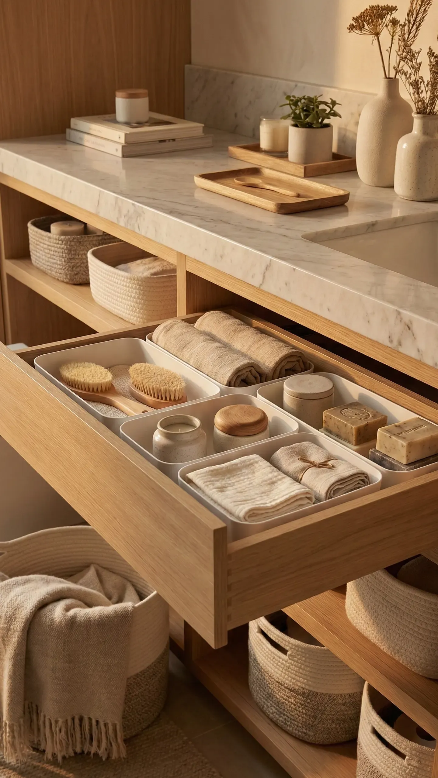 An organised oak vanity drawer holding daily items — brushes, soaps and rolled cloths in neat compartments — beneath a clear marble counter