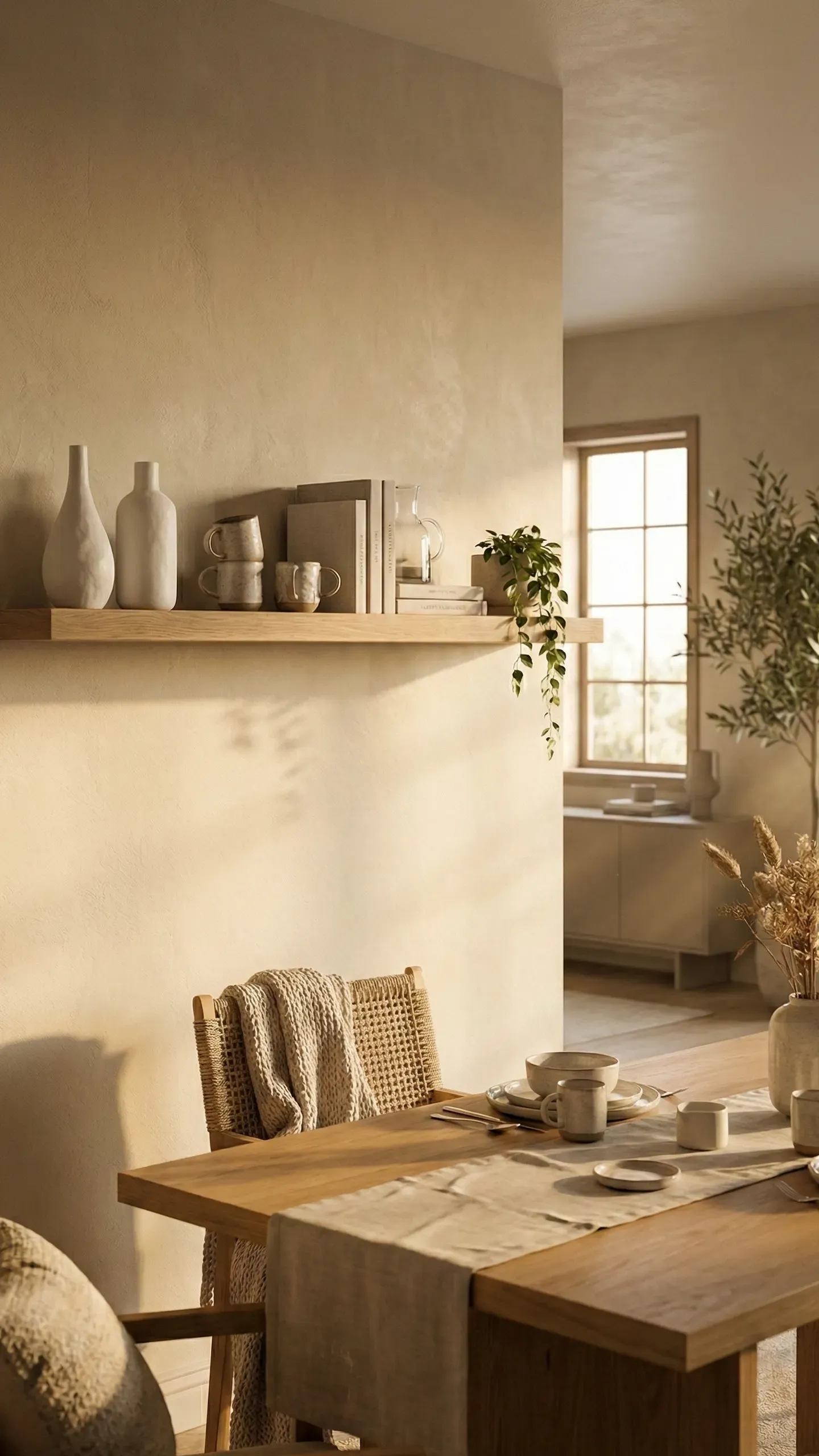 An open dining area with generous space around an oak table, a floating shelf of ceramics, a cane chair and an olive tree by the window