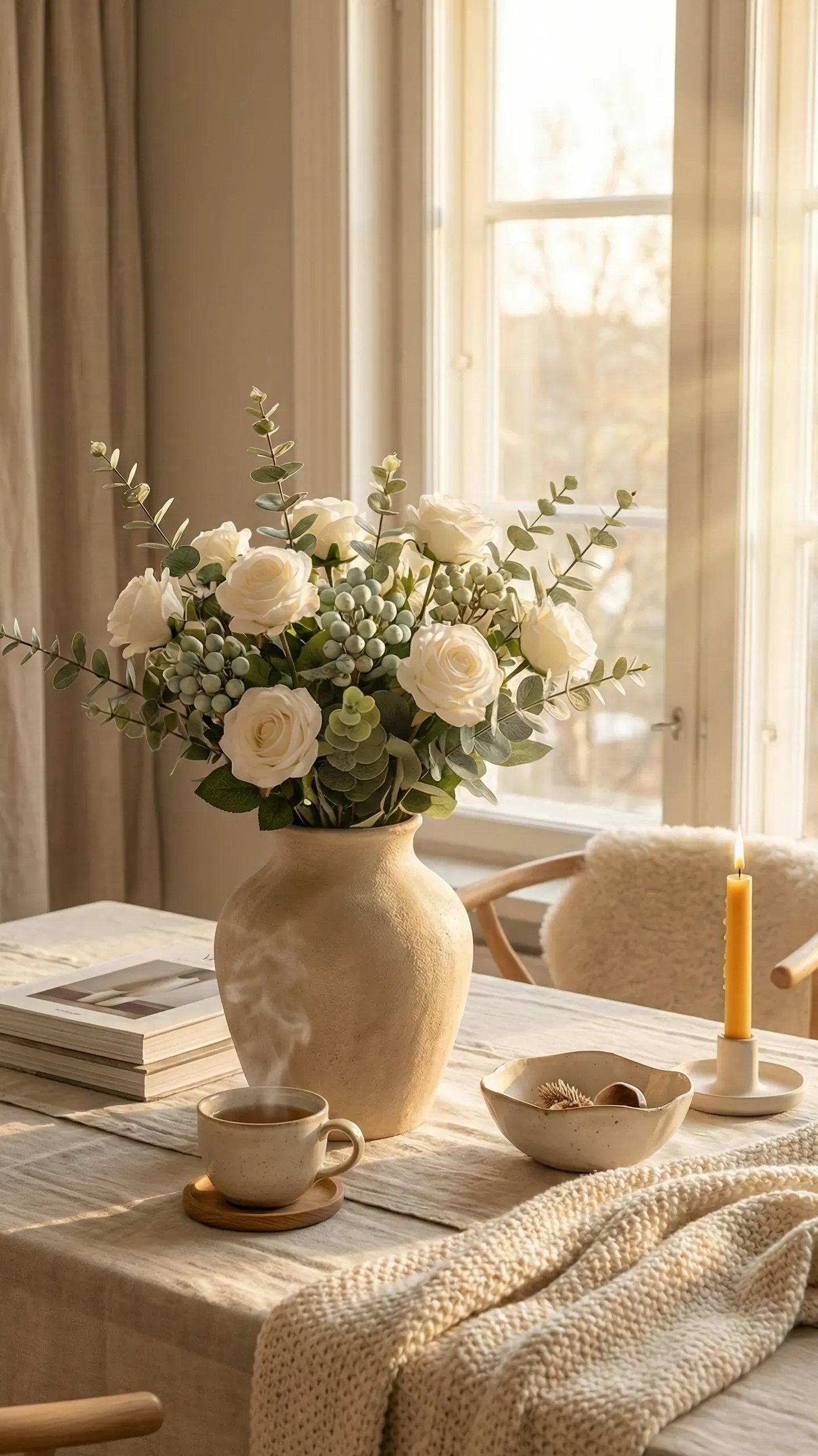 A wooden dining table styled simply for everyday with white roses and eucalyptus in a ceramic vase, a coffee cup and books in golden window light