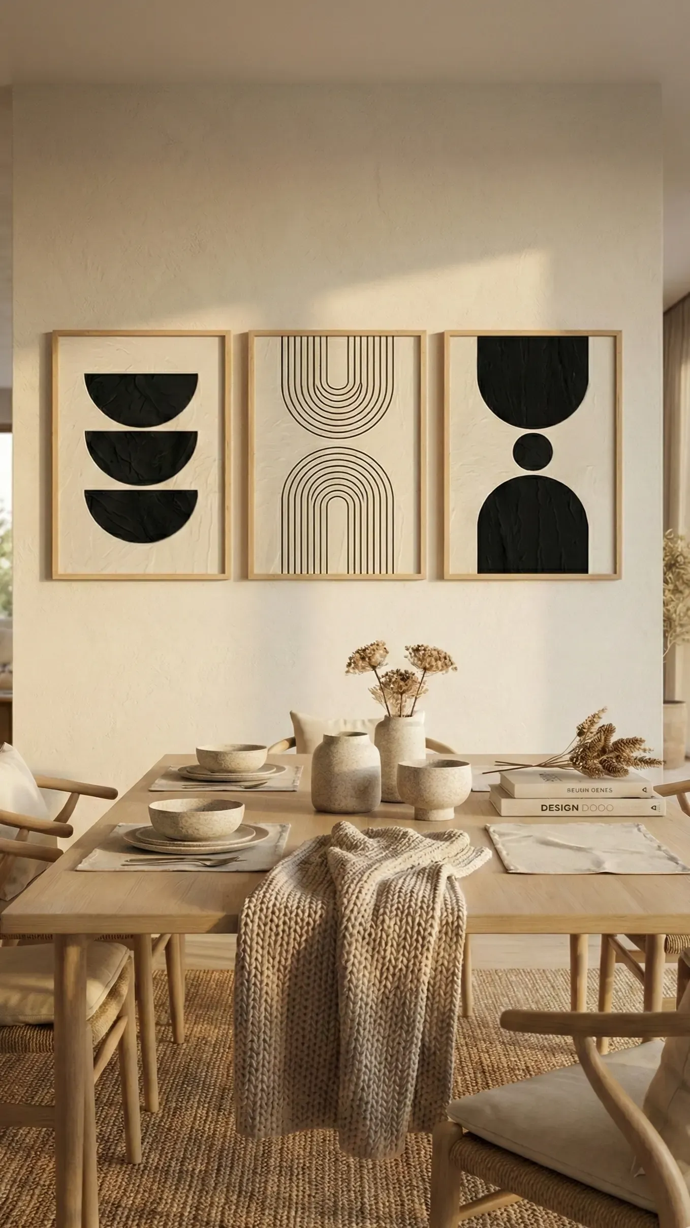 A flatweave jute rug grounding an oak dining table and wishbone chairs, with a linen runner and graphic prints on the wall