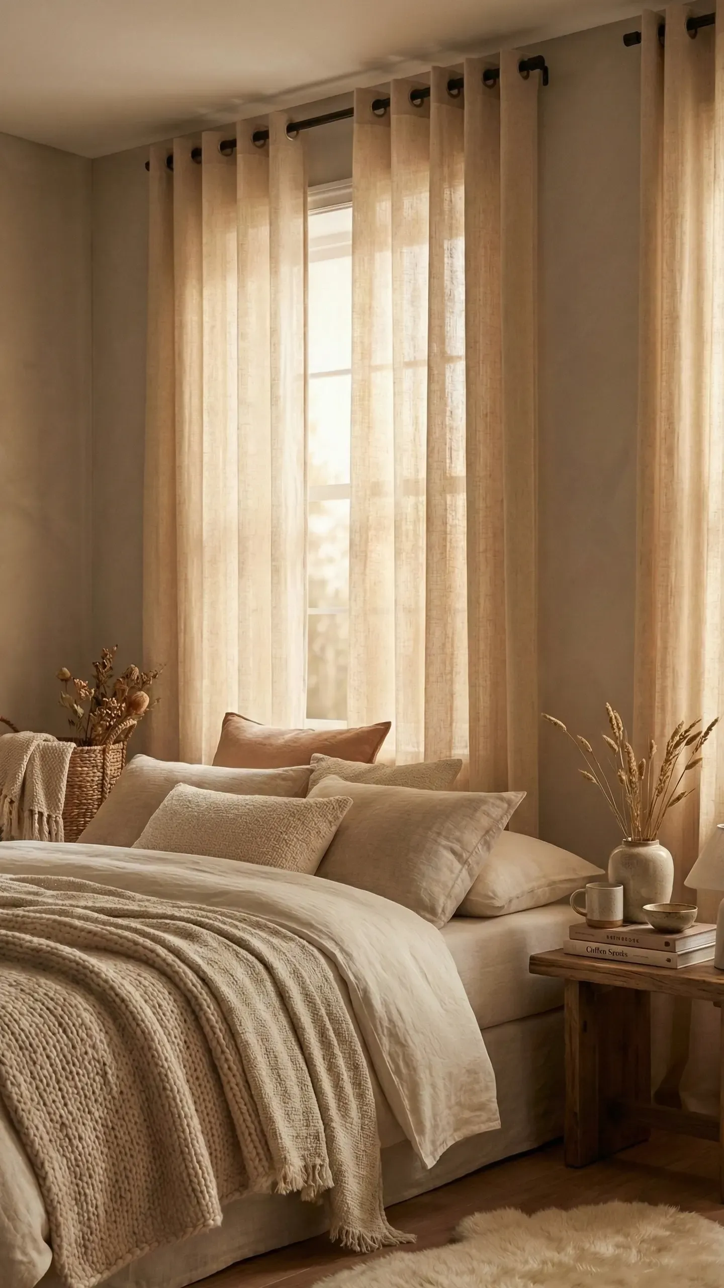 Floor-length sheer linen curtains glowing with soft morning light above a layered bed with pampas grass on the nightstand