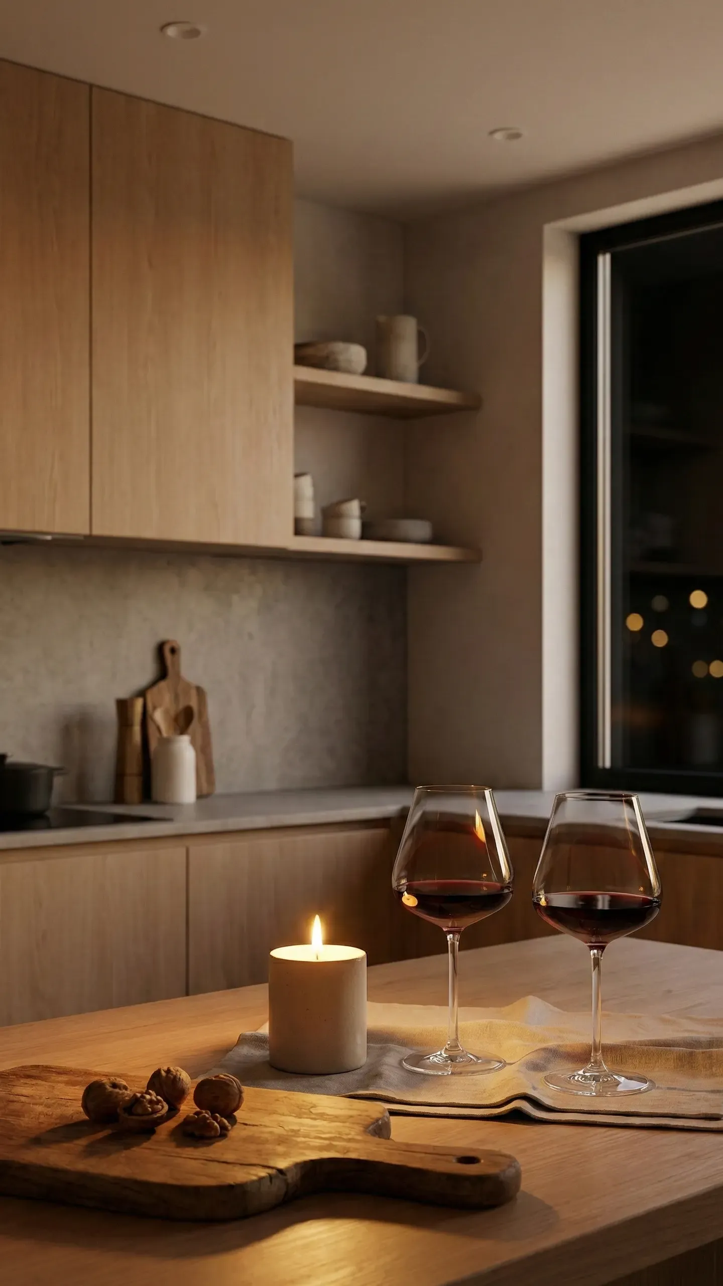 Kitchen at dusk lit only by a warm candle and soft glow — two glasses of red wine on a wooden board, oak cabinets and shelves in shadow