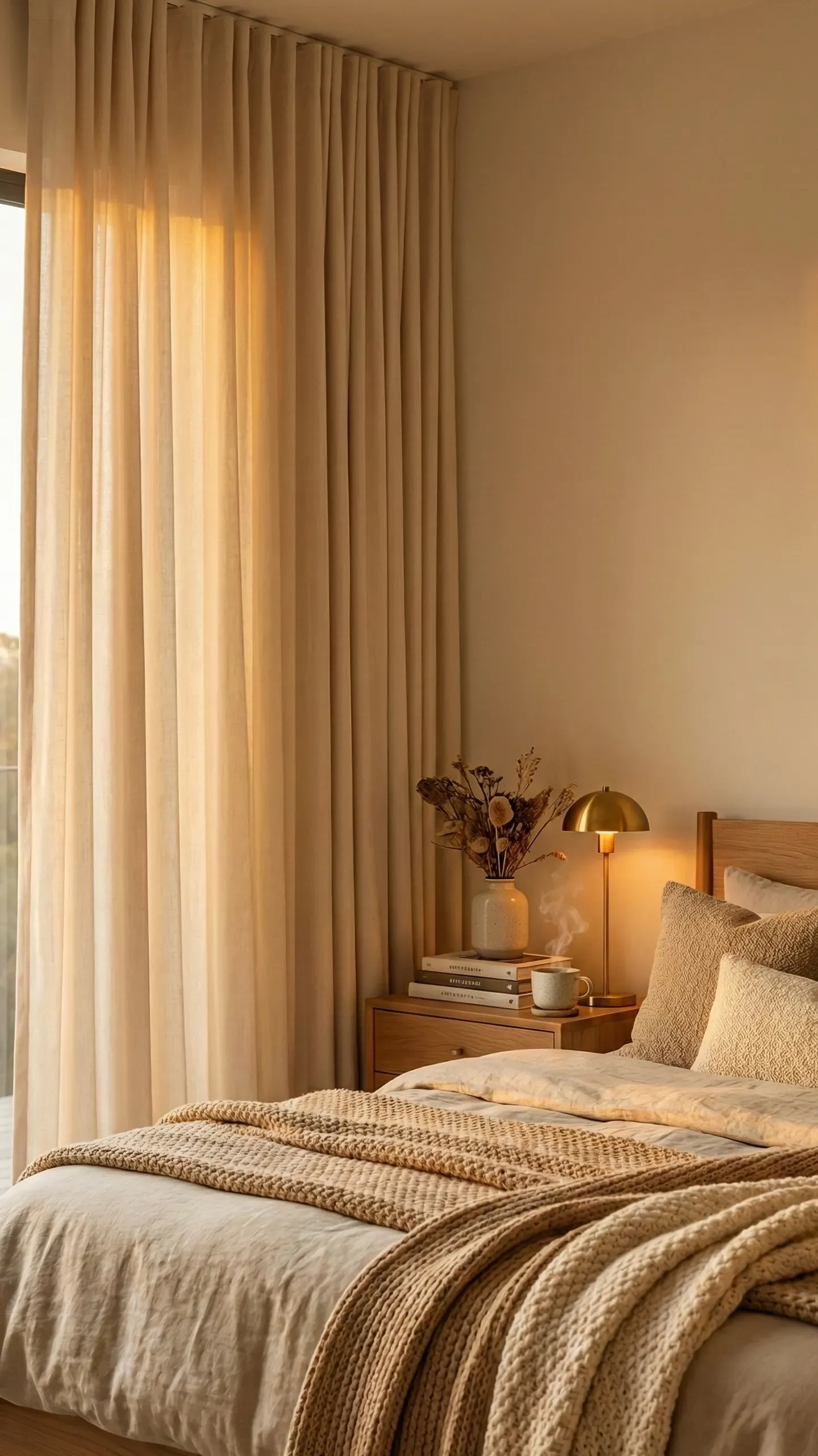 A beautifully layered bed as the focal point of the room — linen duvet, folded blanket and a chunky knit throw in warm tones under golden light