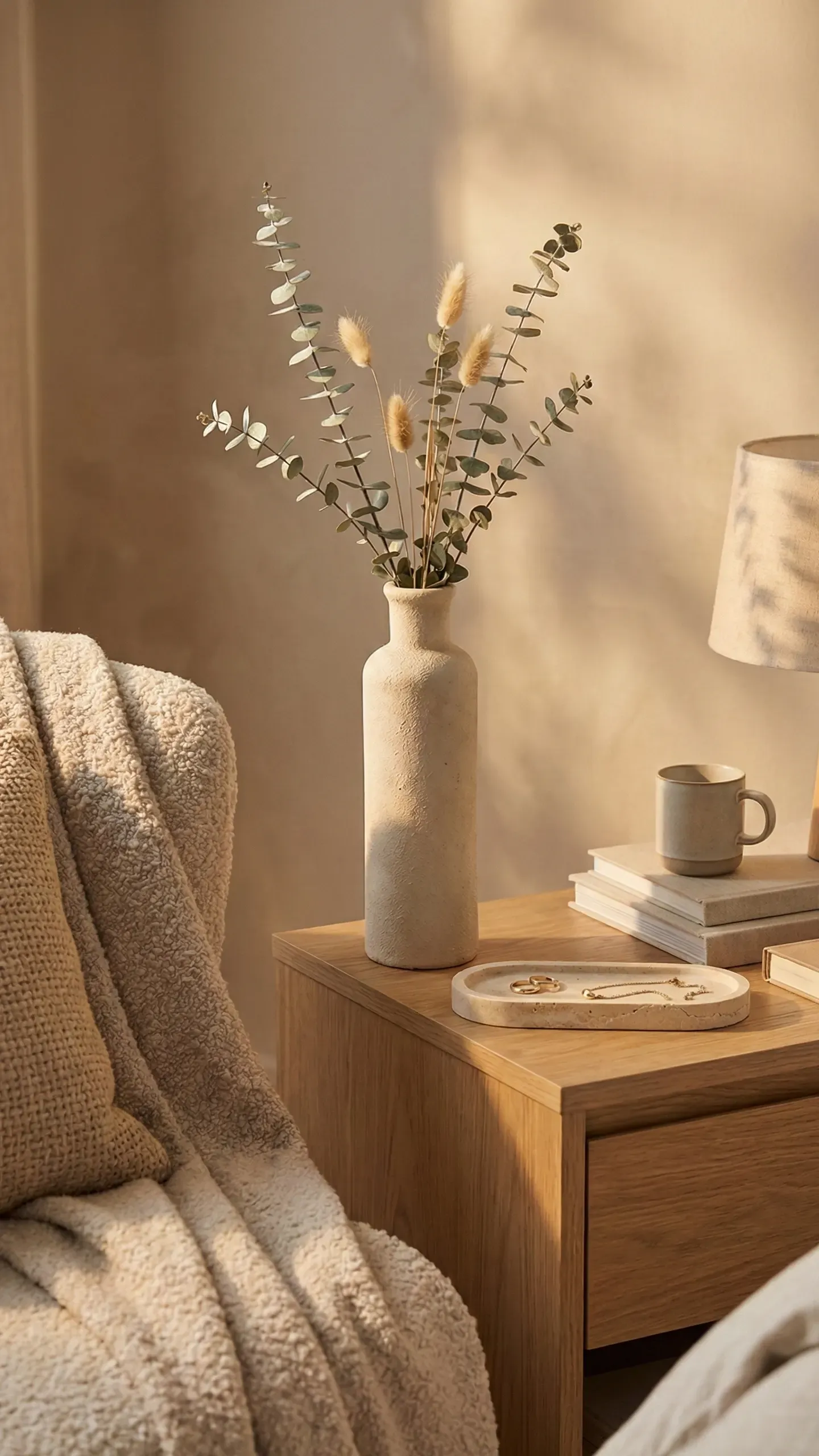 A minimal oak nightstand holding only a lamp, a small stack of books, a ceramic vase of eucalyptus and a little tray — nothing else