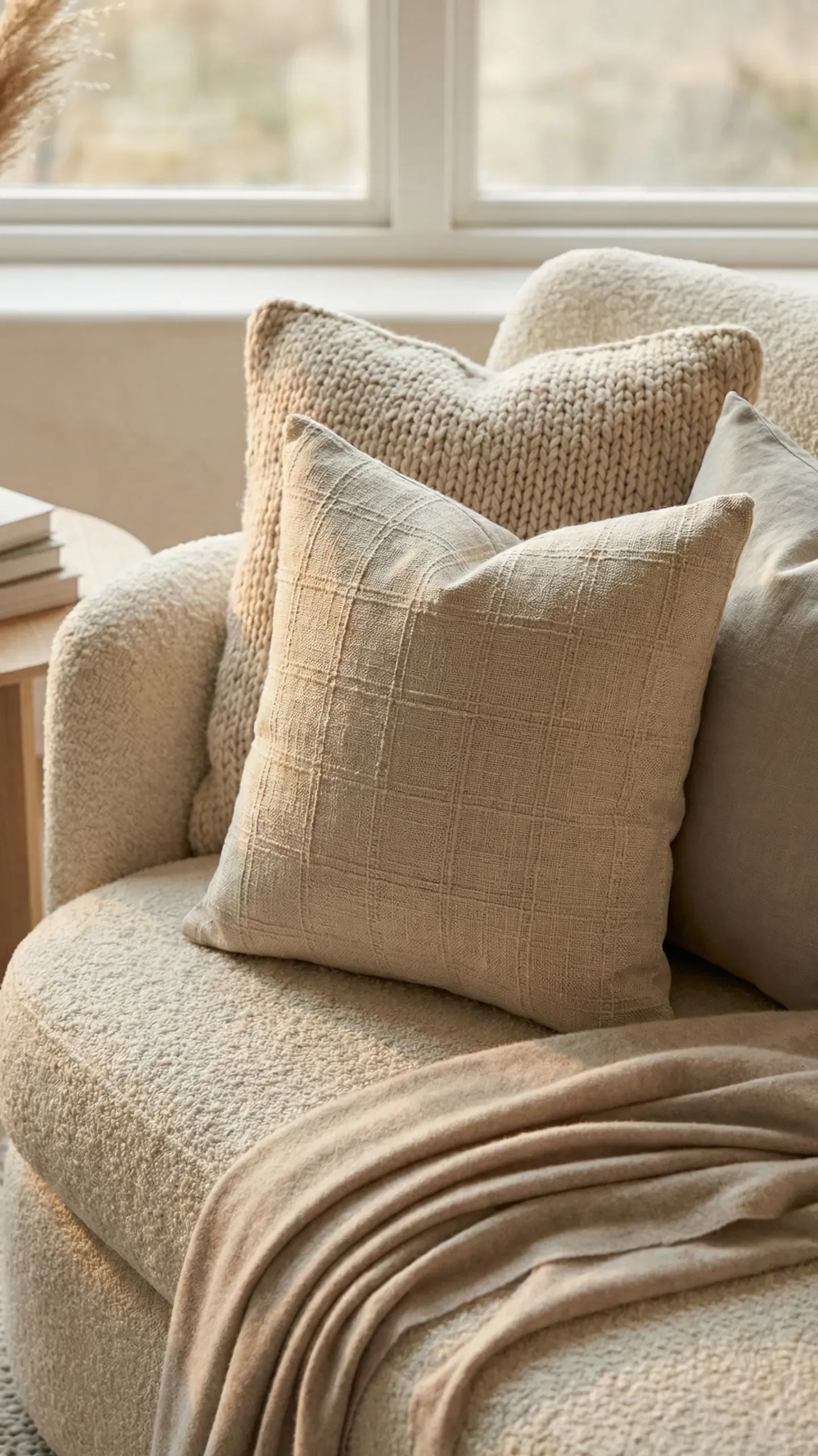 Close-up of layered cushions on a bouclé sofa — a chunky knit and a woven linen cushion with a soft linen throw