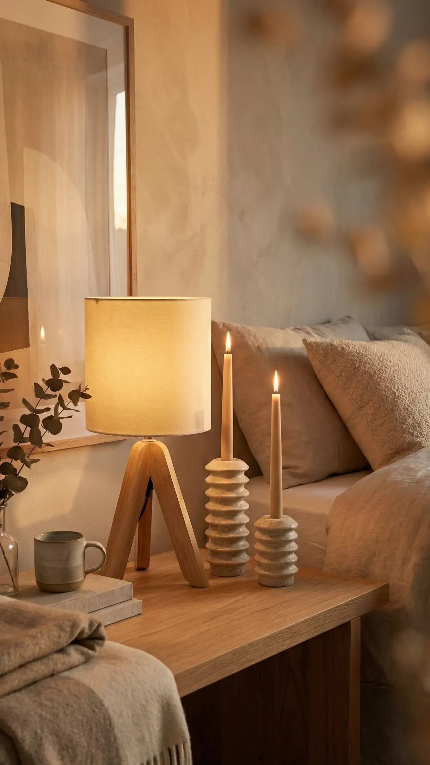 A quiet bedside vignette — a warm lamp, sculptural stone candlesticks with lit tapers, a ceramic mug and a sprig of eucalyptus