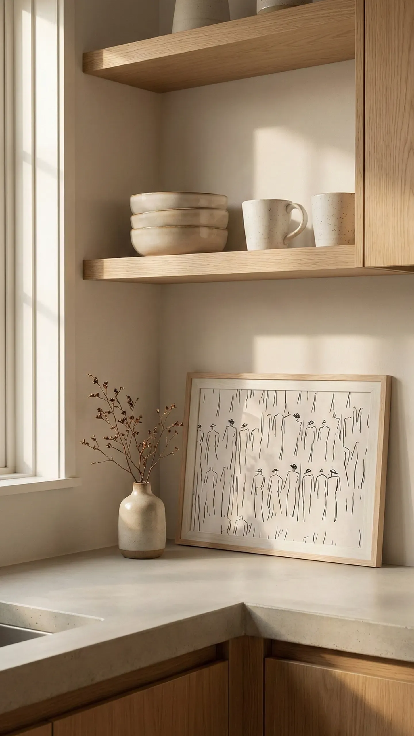 Floating oak shelves styled with stacked ceramic bowls and mugs, a small dried-flower vase and a leaning botanical print, with generous breathing room
