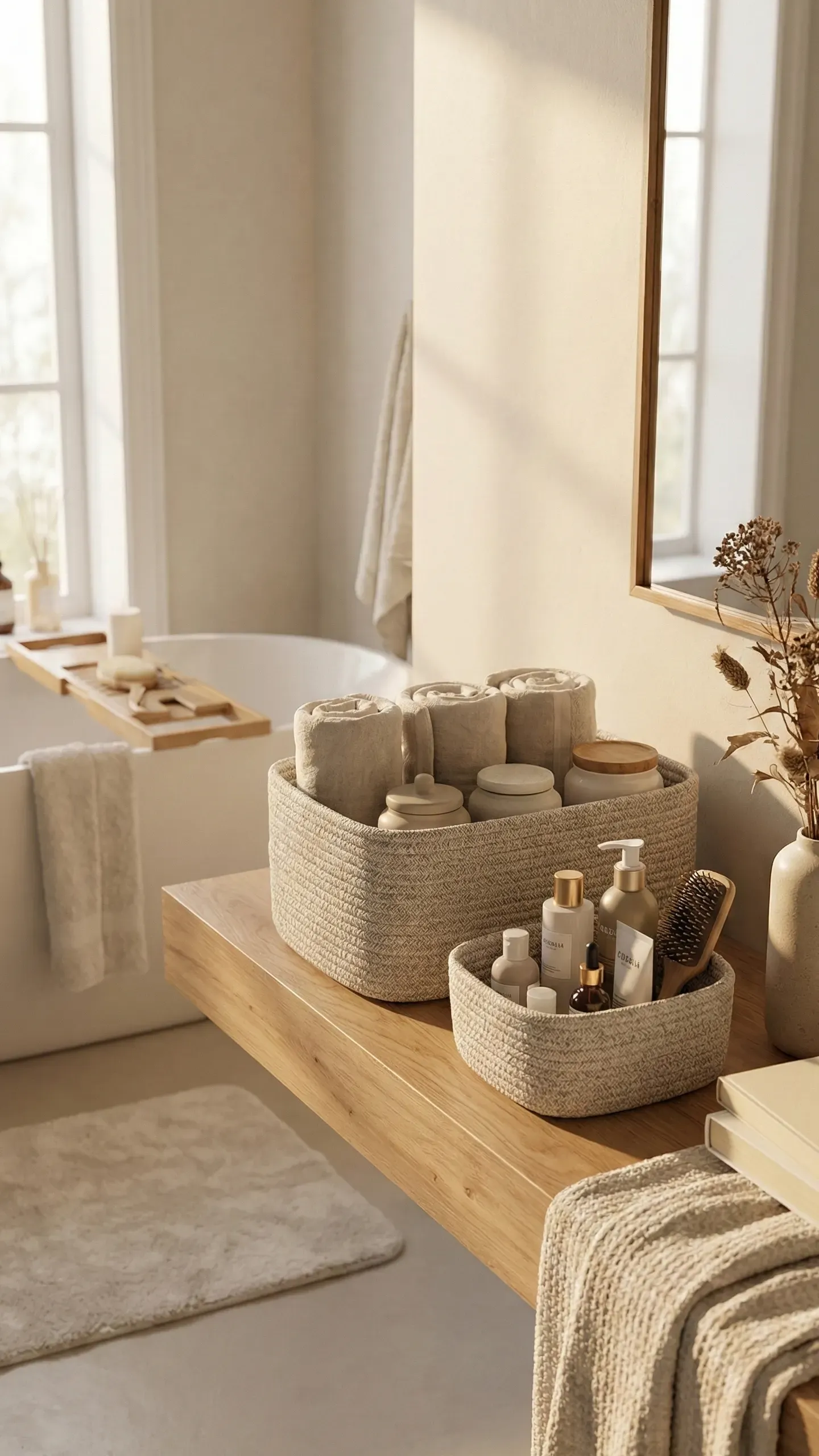 Plush towels rolled and stacked in woven baskets on a wooden bathroom vanity, with a soft bath mat and freestanding tub behind