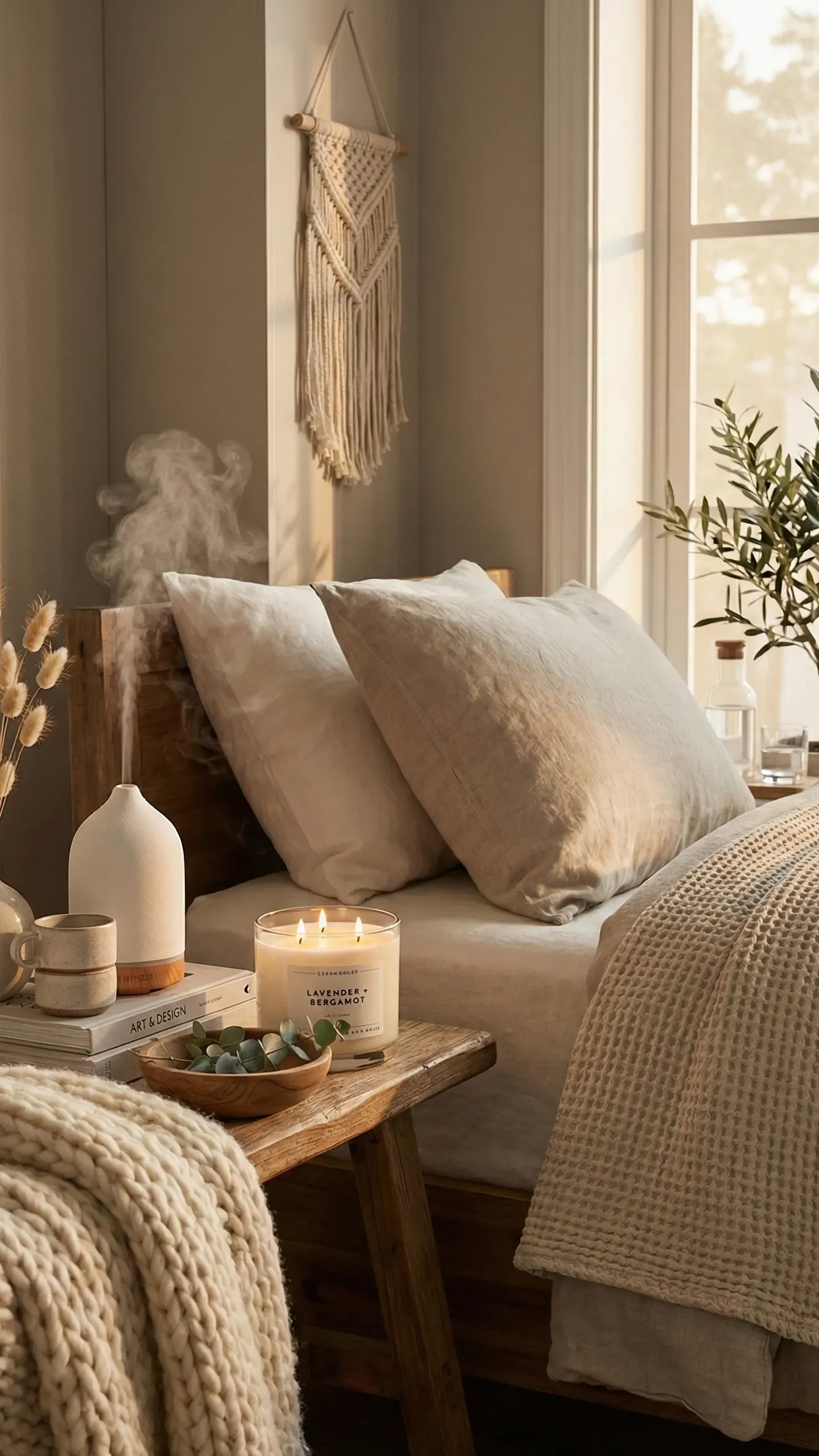 A single calm, tonal wall piece hanging above a linen bed — one quiet adornment rather than a busy gallery wall