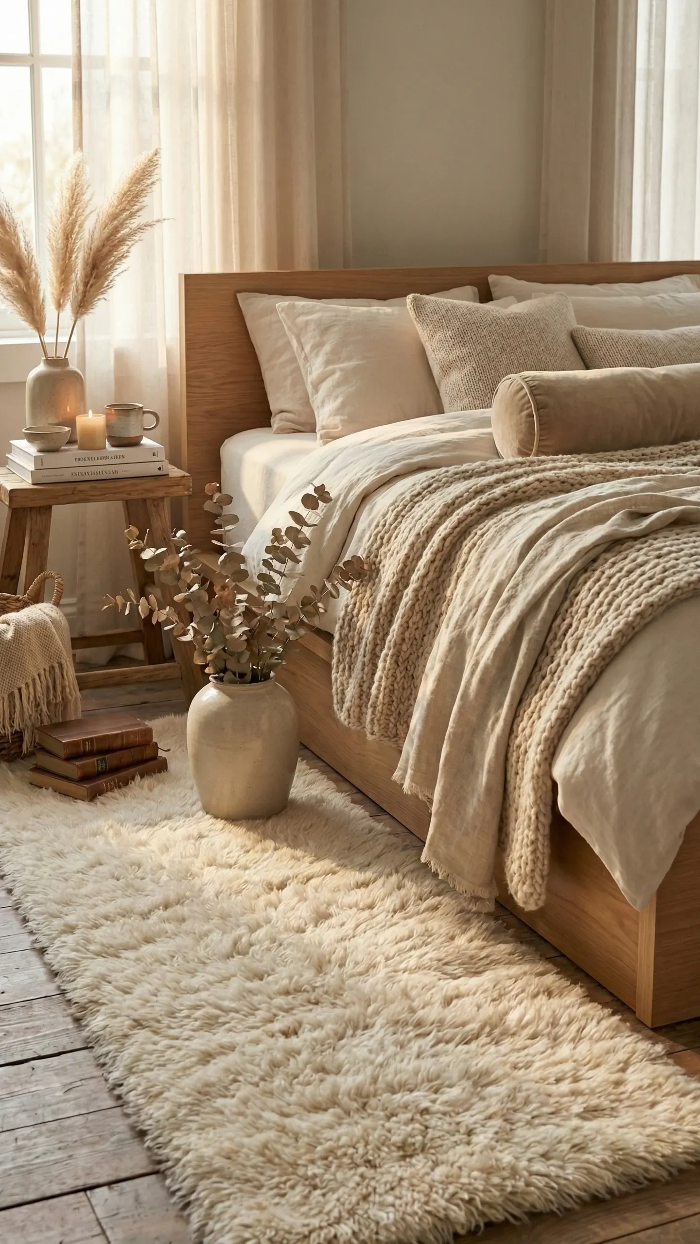 A soft, deep-pile rug beside an oak bed where bare feet land in the morning, with a small dried arrangement and books nearby