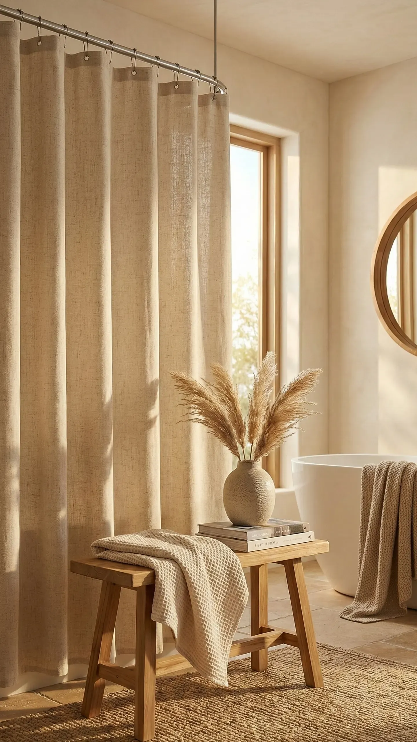 A teak stool beside a freestanding tub holding a rolled towel, a ceramic dispenser and a candle, with dried eucalyptus in a glass vase nearby