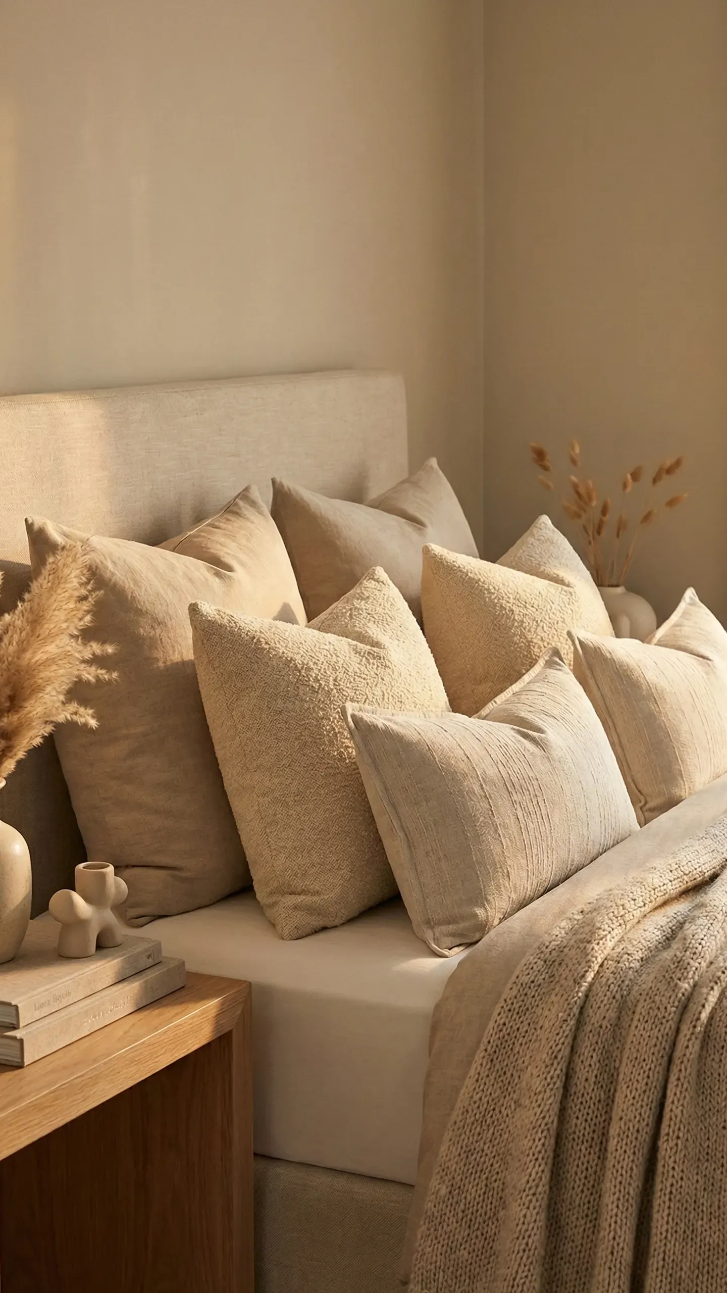 Layered linen and bouclé pillows on a bed, all in closely related warm neutral tones so nothing draws the eye sharply