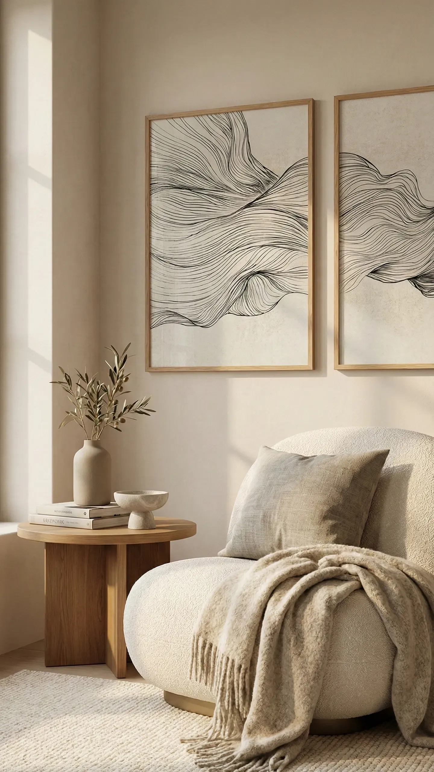 Two large abstract line-art prints in thin oak frames above a cream bouclé armchair and a small round wood table