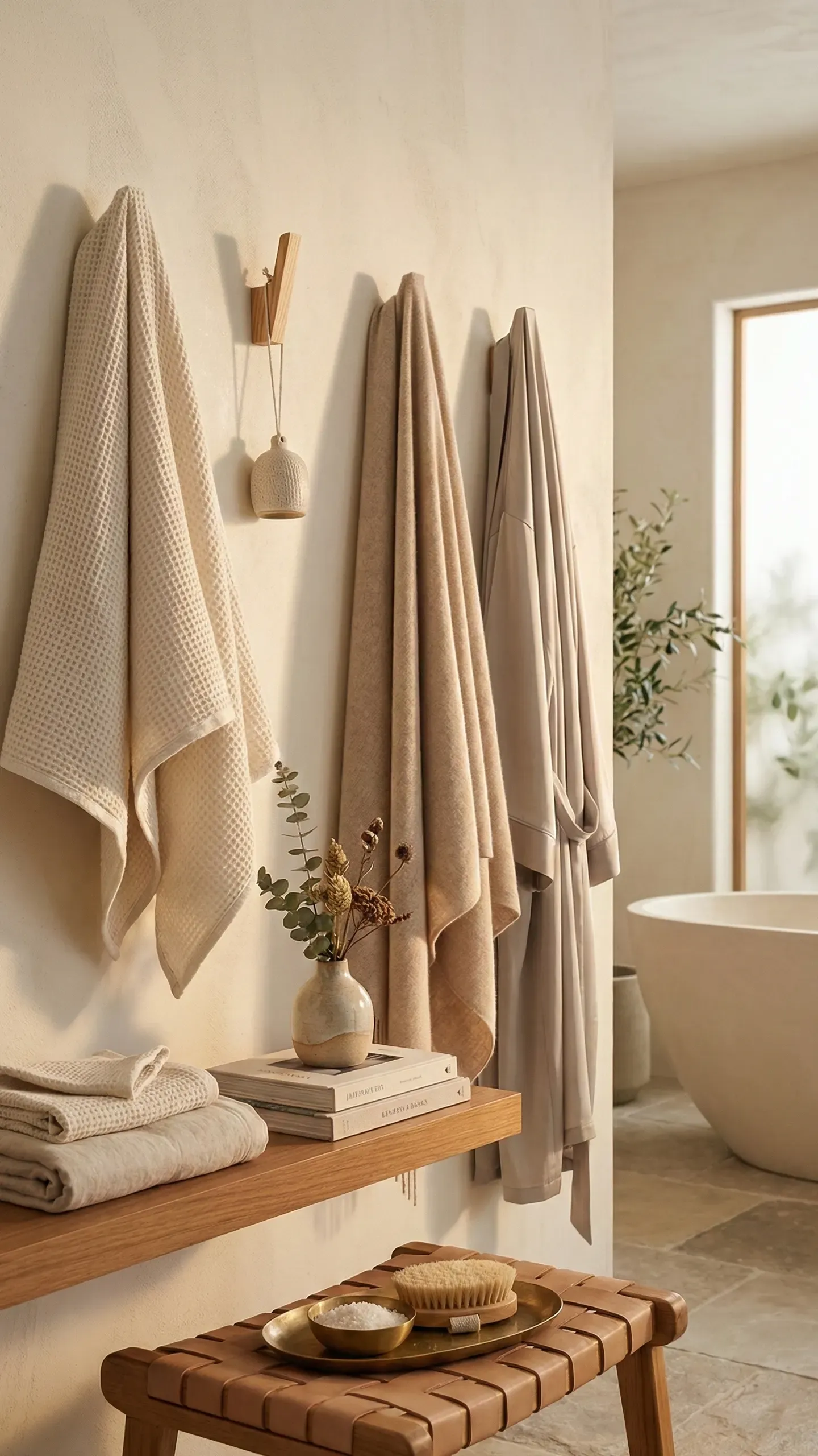 Soft waffle and terry towels in warm white and oat tones hanging from a row of wall hooks above a wooden bench in a calm bathroom