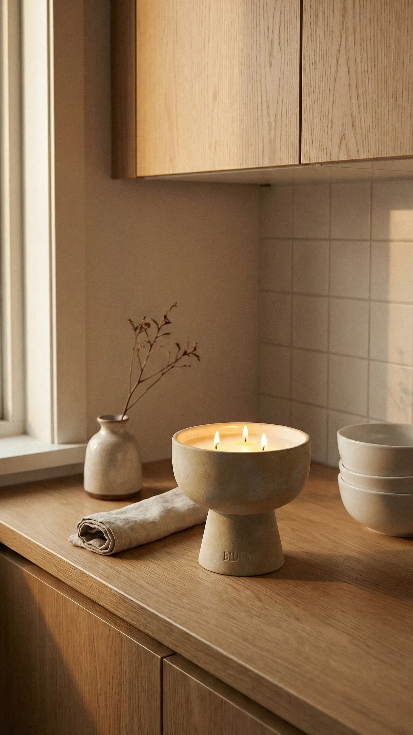 Warm cream square-tiled backsplash behind a three-wick ceramic candle, a small bud vase and stacked bowls on an oak counter