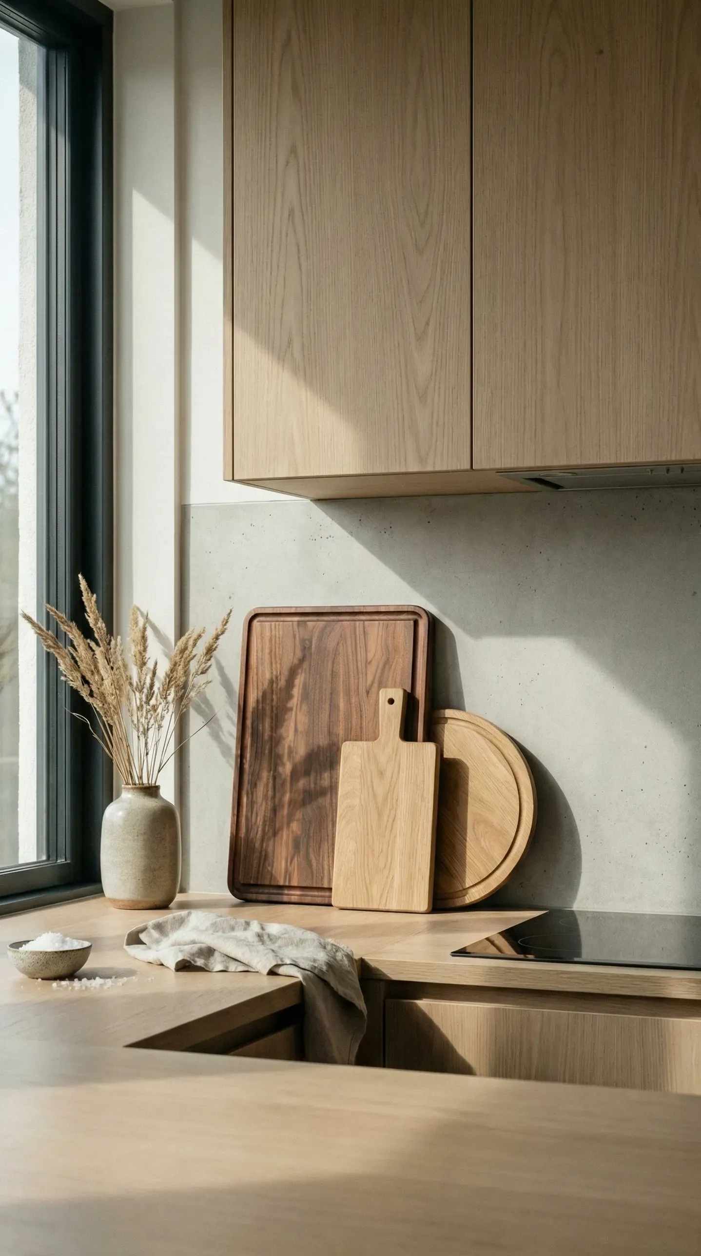 Walnut and oak cutting boards leaning against a stone backsplash beside a vase of dried pampas in warm sunlight