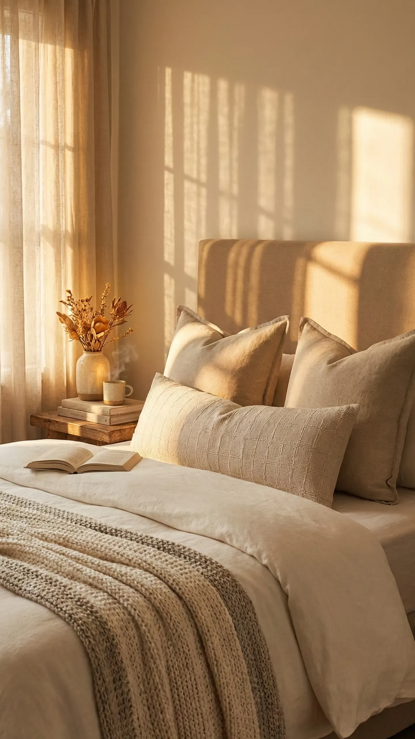 Relaxed, slightly wrinkled washed-linen bedding in warm oat tones with an open book resting on the duvet beside a linen headboard